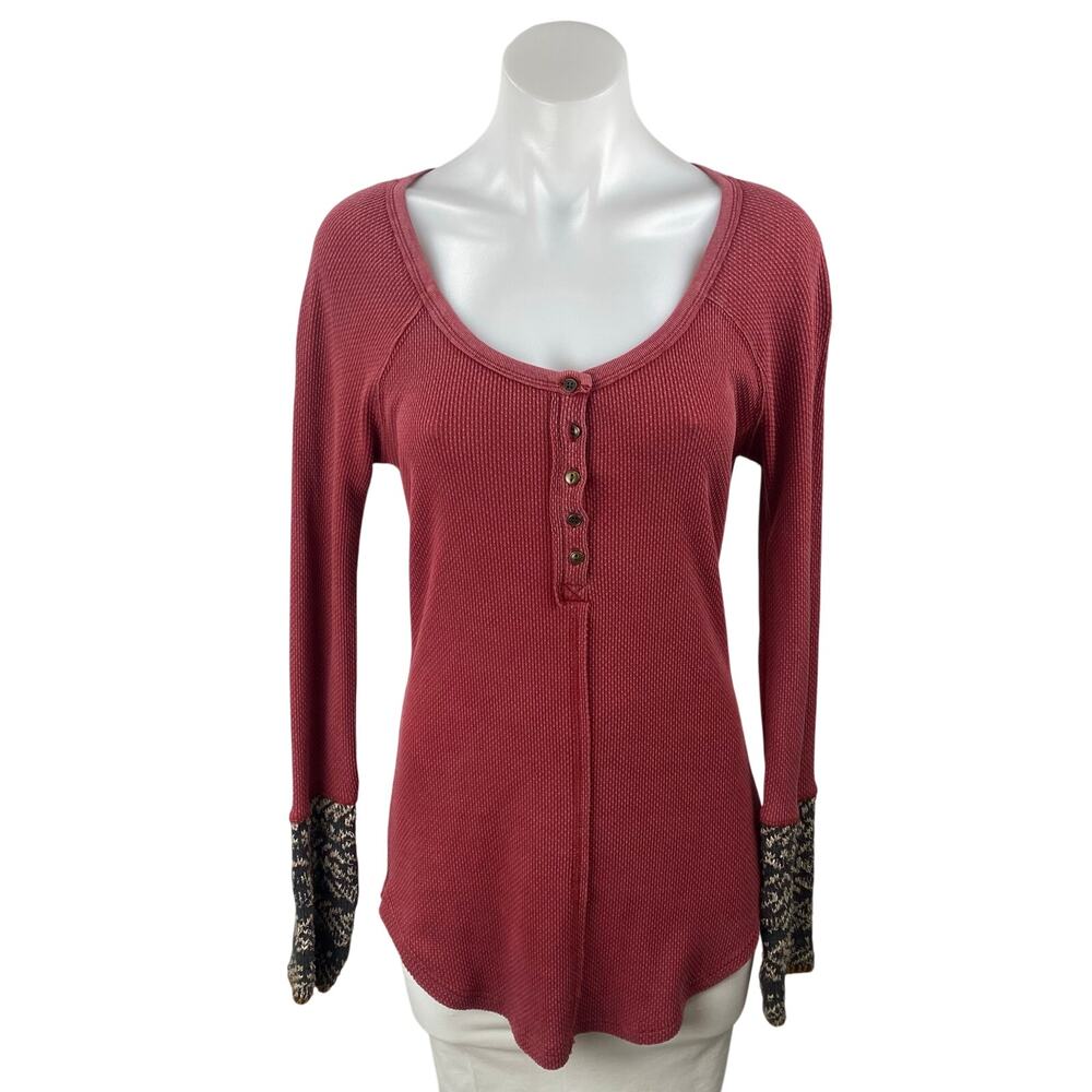 Free People Alpine Cuff Red Long Sleeve Henley Waffle Knit Thermal Sweater Top M